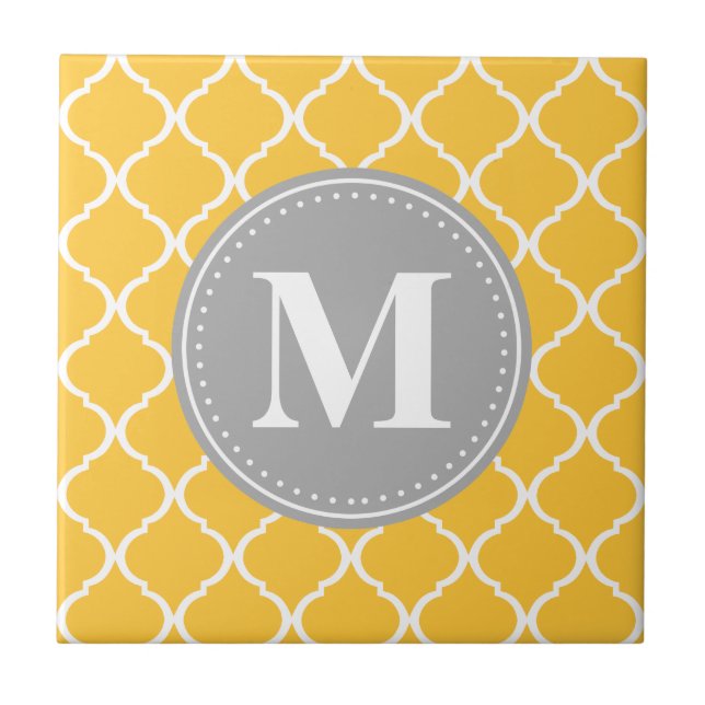 Solros Gult Moroccan Lattice Grått Monogram Kakelplatta (Framsidan)