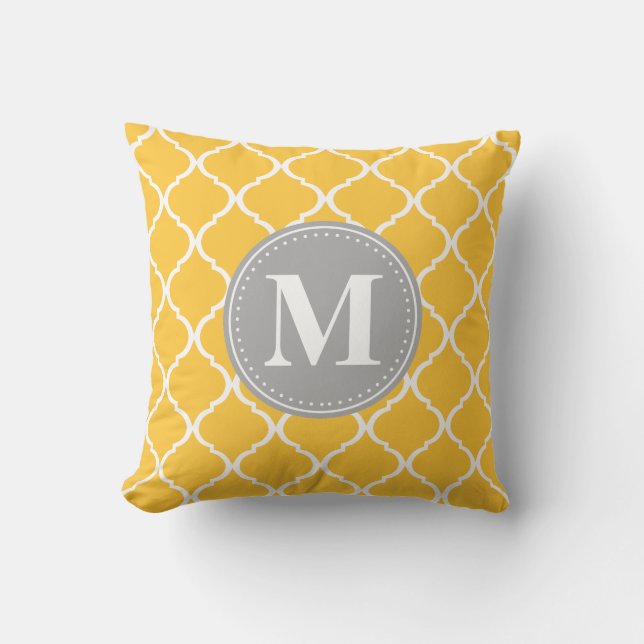 Solros Gult Moroccan Lattice Grått Monogram Kudde (Framsida)