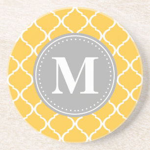 Solros Gult Moroccan Lattice Grått Monogram Underlägg Sandsten