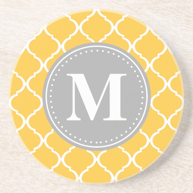 Solros Gult Moroccan Lattice Grått Monogram Underlägg Sandsten (Framsidan)