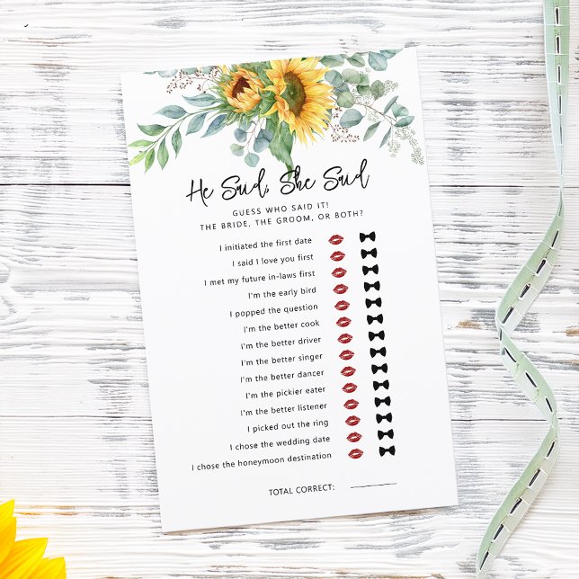 Solros Han Sa Hon Sa Bröllopsduschspel (Sunflower He Said She Said Bridal Shower Game)