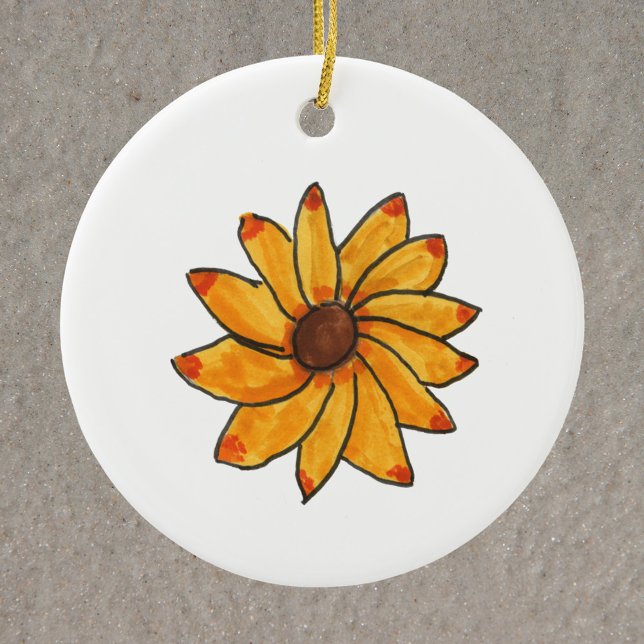 Solros Hand plockade Bläck Gult Julgransprydnad Keramik (An ornament featuring a hand drawn sunflower done in marker and ink.)