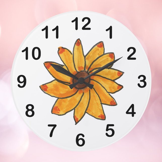 Solros Hand plockade Gult Stor Klocka (A clock with a picture of a hand drawn sunflower along with black numbers)