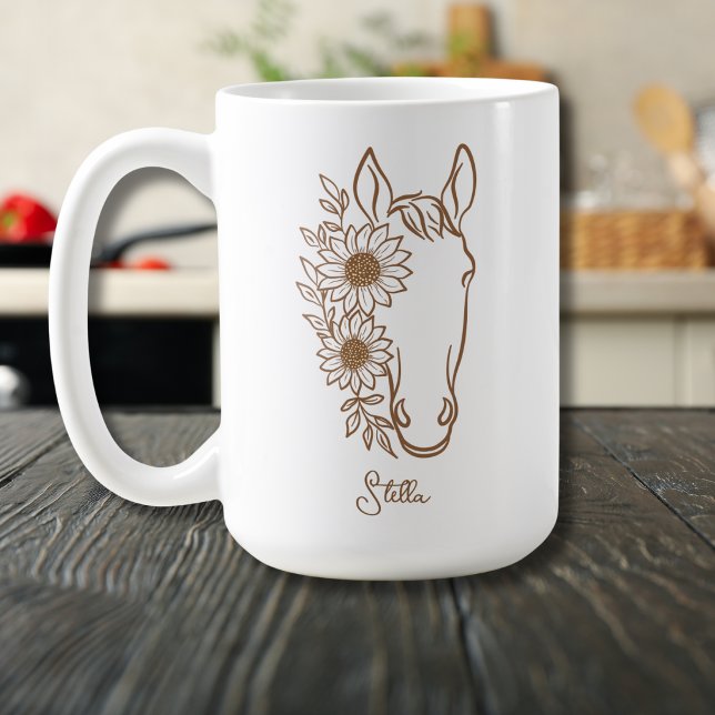 Solros Häst Boho Linje Konst med Namn Kaffemugg (Skapare uppladdad)