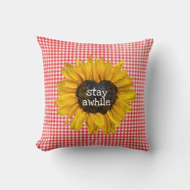Solros Heart på Gingham Kudde (Framsida)