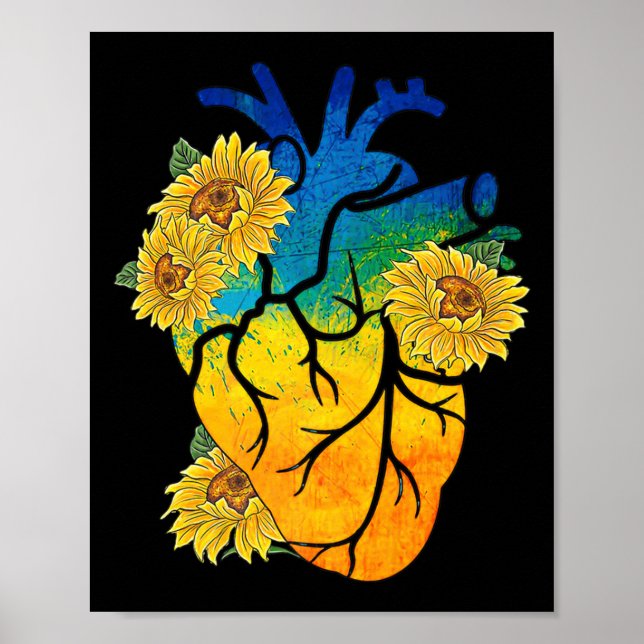 Solros Heart Ukrainas ukrainska Flagga står med Poster (Framsidan)