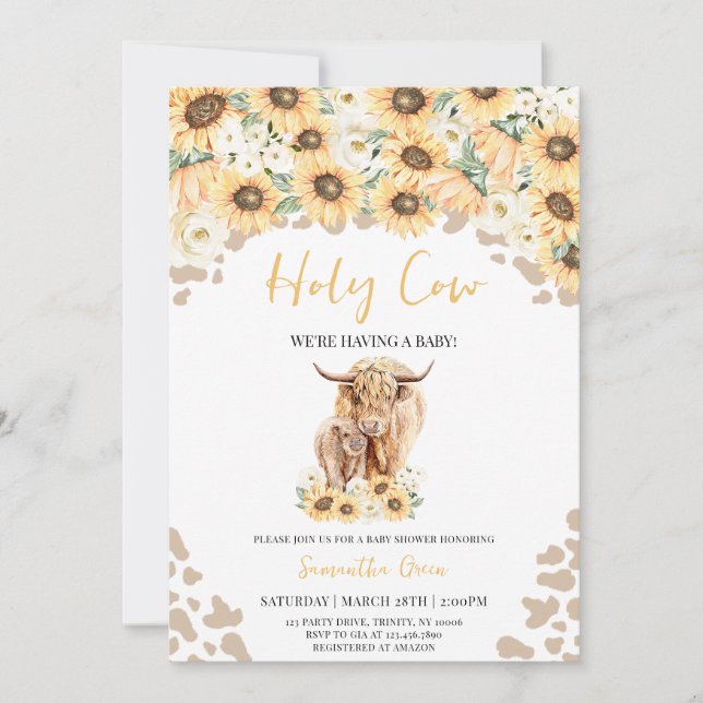 Solros Heliga Kow Baby Shower Inbjudningar (Framsida)