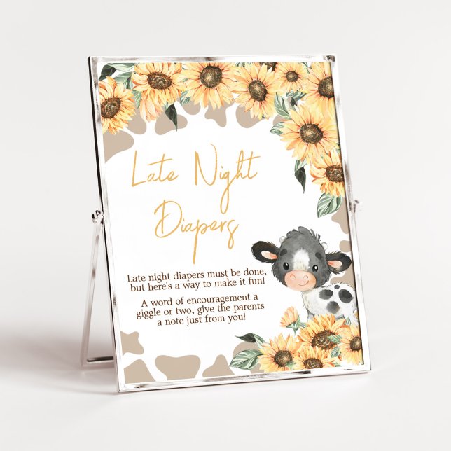 Solros Heliga Kow Baby Shower Late Night Diaper Poster (Summer Highland Cow Baby Shower Late Night Diapers Sign)