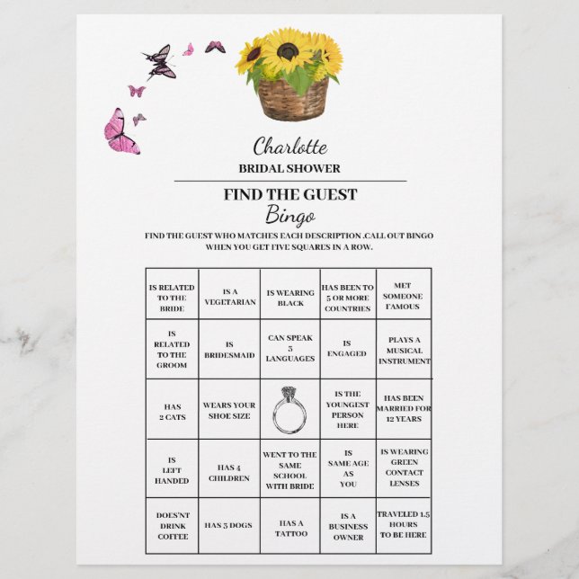 Solros Hitta Gäst Bröllopsdusch Bingo Reklamblad (Framsidan)
