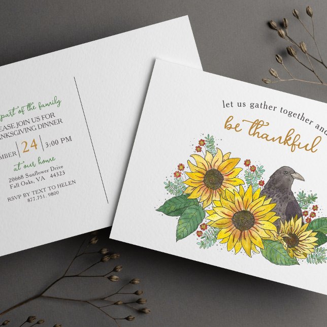Solros Höstfestin Inbjudan (Postcard Invitation for Thanksgiving Dinner Featuring Watercolor Crow in Sunflowers Design)