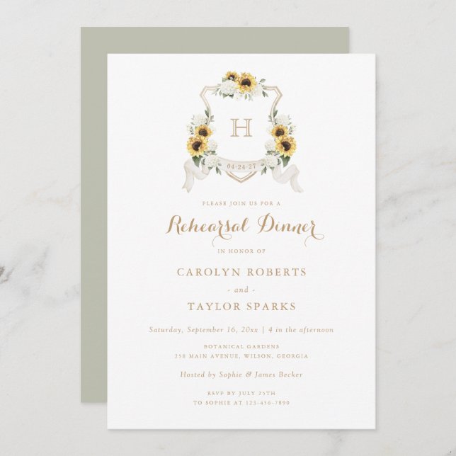 Solros Hydrangea Vapensköld Rehearsal Dinner Bröll Inbjudningar (Fram/baksida)