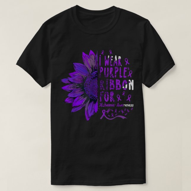 Solros I Bära Lila Ribbon for Alzheimer Medveten T Shirt (Design framsida)