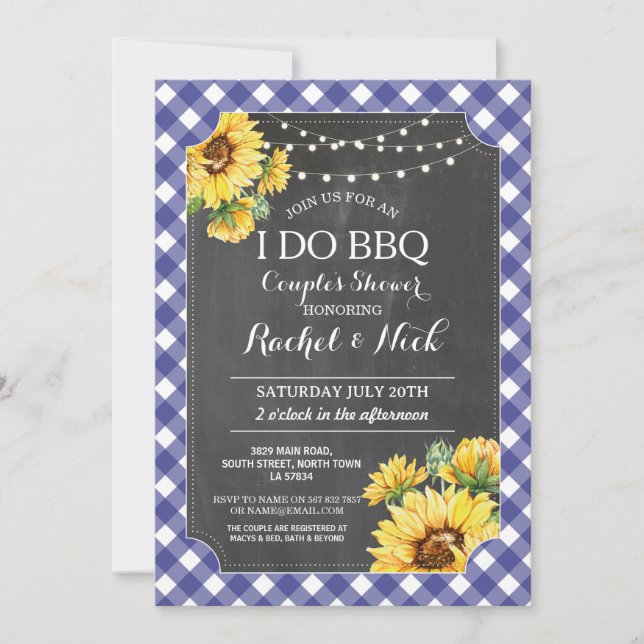 Solros I DO BBQ Par Shower Gingham Inbjudningar (Framsida)