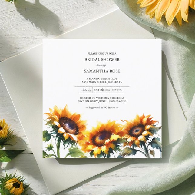 Solros Inbjudningskort för möhippa (Sunflower bridal shower invitations watercolor botanical art.)