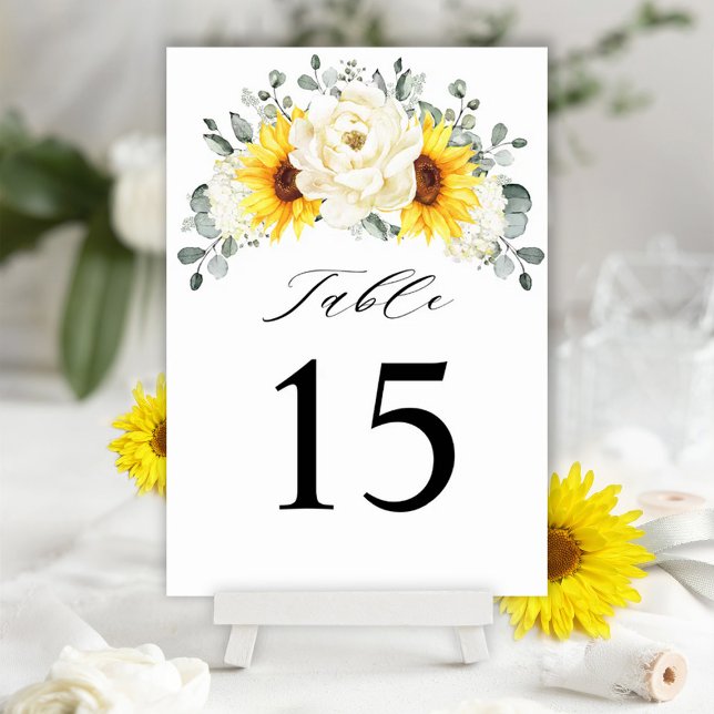 Solros Ivory Peony Blommigt Eucalyptus Bröllop Bordsnummer (Yellow sunflower ivory peonies wedding theme.)