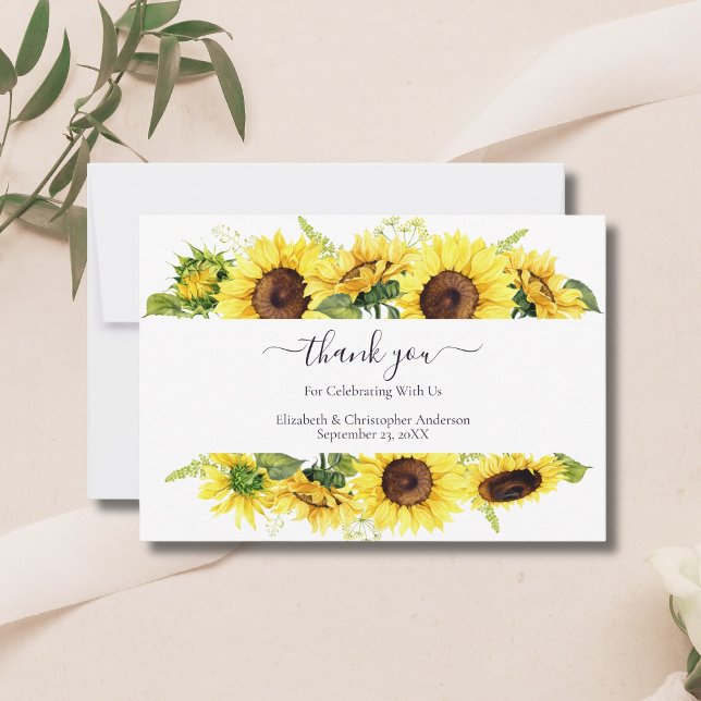 Solros kalligrafi bröllop tackkort tack kort (Sunflowers Country Rustic Wedding thank you cards,)