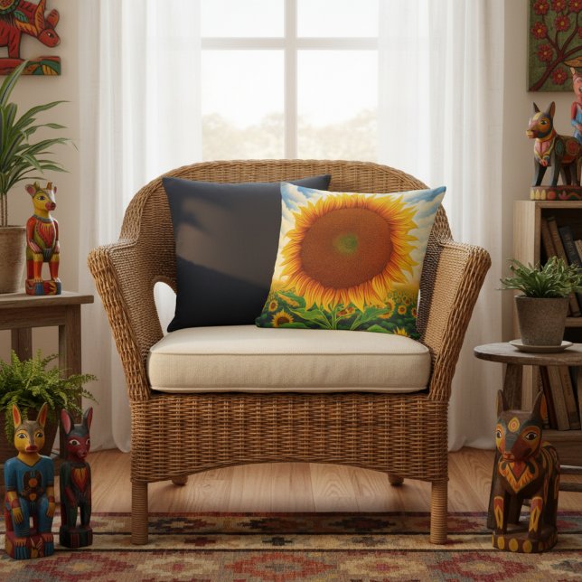 Solros Kuddöverkastell - Whimsical konsttryck Kudde (Large sunflower throw pillow.)