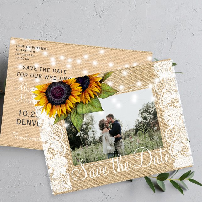 Solros landskapsduk bård av spets save the date br meddelande vykort (Skapare uppladdad)