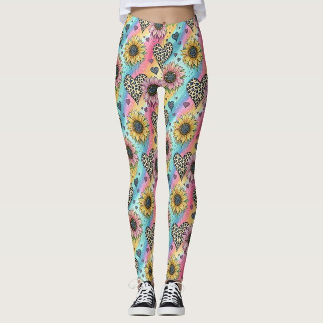Solros & Leopard Hjärta Regnbåge Leggings (Framsida)
