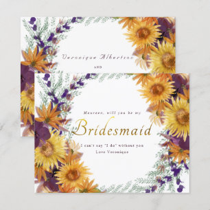 Solros lila blommigt guld, skript bridesmaid inbjudningar