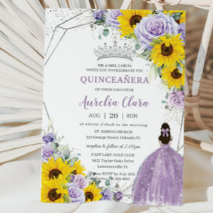 Solros Lila Blommigt Princess Gown Quinceañera Inbjudningar