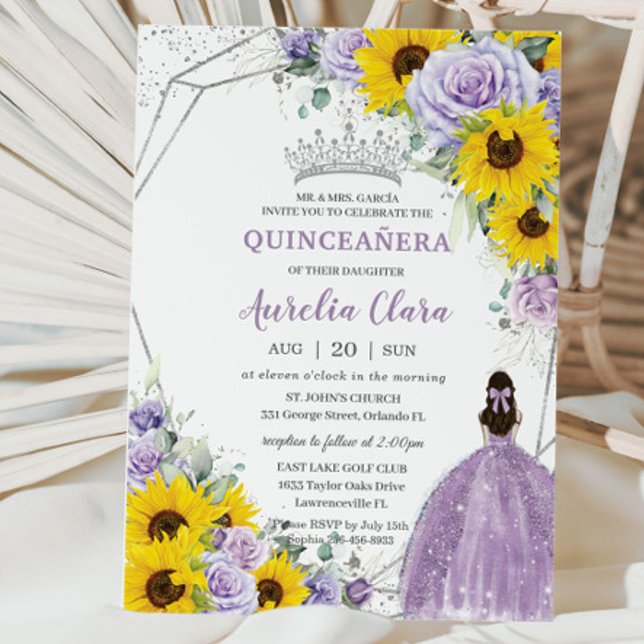 Solros Lila Blommigt Princess Gown Quinceañera Inbjudningar (Skapare uppladdad)