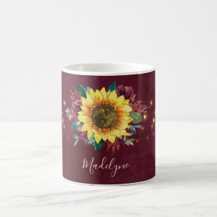 Solros Ljus Burgundy Blommigt Monogram Kaffemugg