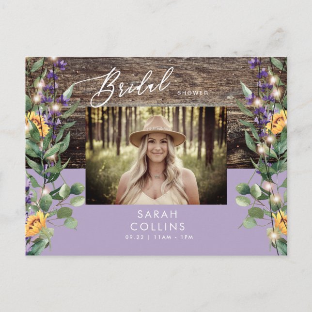 Solros Ljus och lavender Photo Rustic Möhippa Inbjudan Vykort (Framsida)