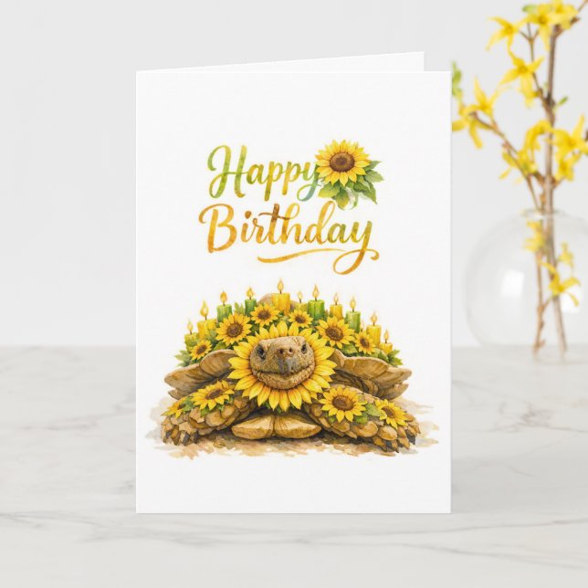 Solros Lycklig födelsedag Sulcata Sköldpadda  Kort (Gul blomma)