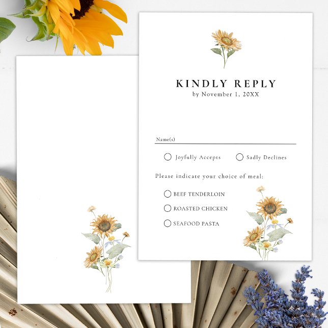 Solros Måltider OSA kort (Elegant Minimalist Sunflower Wildflower Floral Meals RSVP Card by Painted Paperie
)