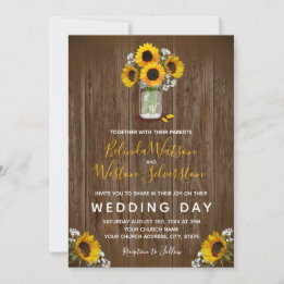 Solros Mason Burk Rustic Barn Wood Bröllop Invit Inbjudningar