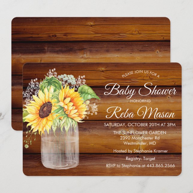 Solros Masonburk Baby Shower Inbjudan (Fram/baksida)