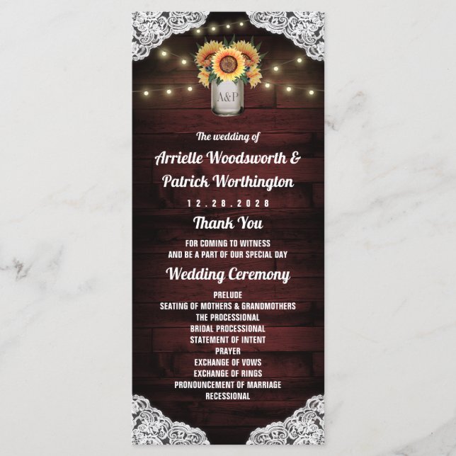 Solros Masonburk Trähäkt Bröllopsprogram Program (Framsida)