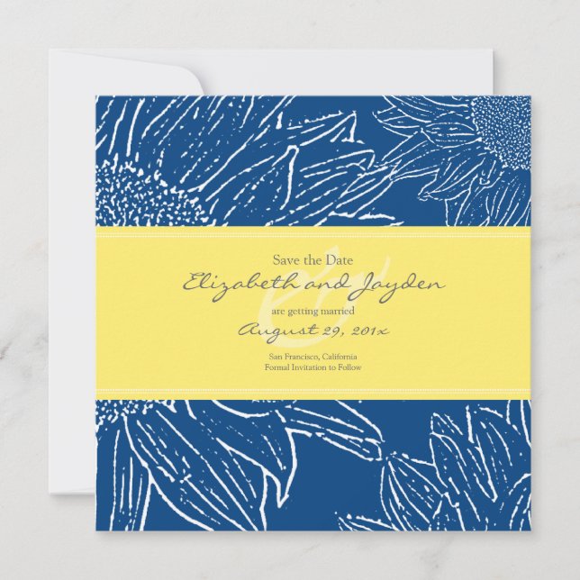 Solros med band Spara datum: Marinblått Gult Datumet (Framsida)