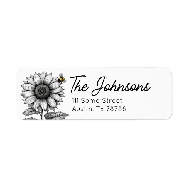 Solros med Bee Black and White Address Label Returadress Etikett (Framsidan)