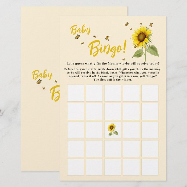 Solros med Butterflies Baby Bingo Game Flyer (Fram/baksida)
