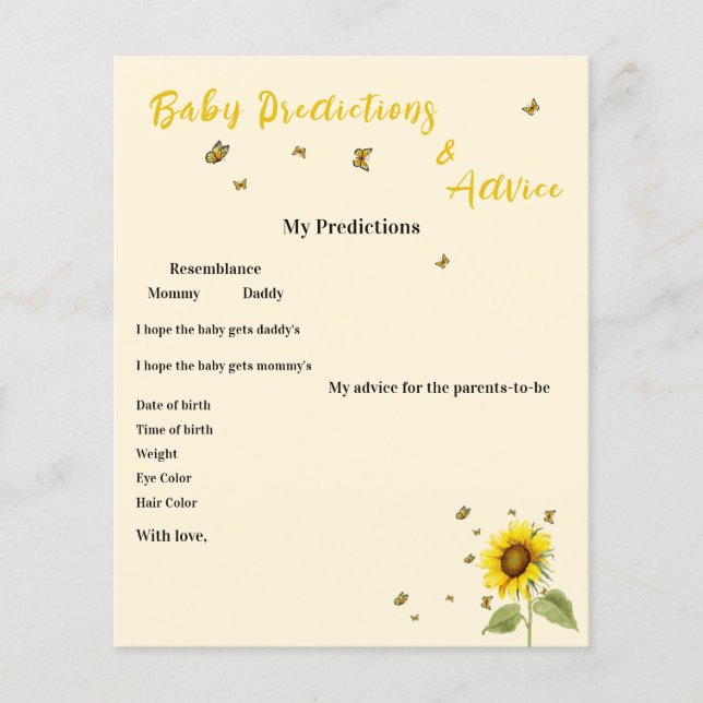 Solros med Butterflies Baby Shower Game Flyer (Framsida)