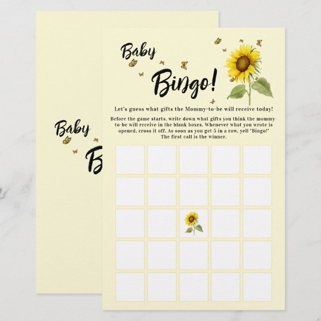 Solros med fjärilar Baby Bingo Spel Flyer (Fram/baksida)