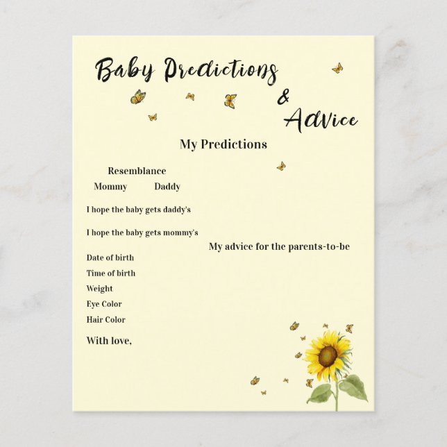 Solros med fjärilar Baby Shower Spel Flyer (Framsida)