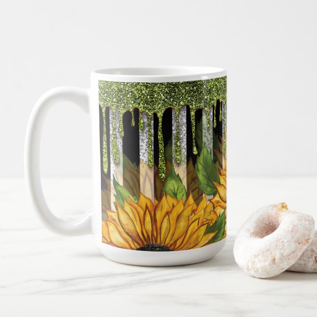 Solros med Grönt Glitter Kaffemugg (Med munk)