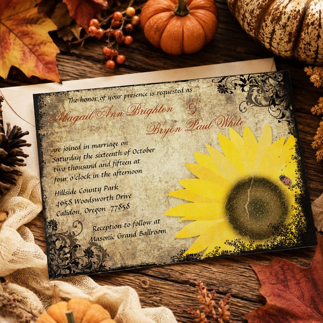 Solros med nyckelpiga Vintage bröllopsinbjudan Inbjudningar (Sunflower with Ladybug Vintage Wedding Invitation )