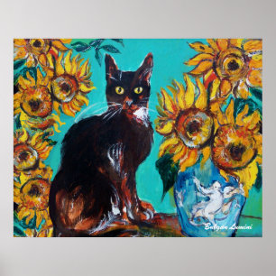 SOLROS MED SVART KATT I BLÅ TURKOS POSTER