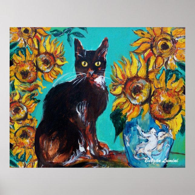 SOLROS MED SVART KATT I BLÅ TURKOS POSTER (Framsidan)