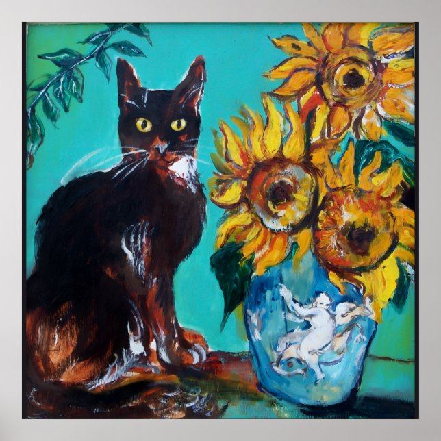 SOLROS MED SVART KATT I BLÅ TURKOS POSTER (Framsidan)