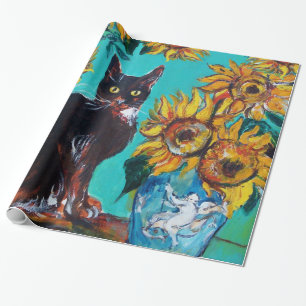 SOLROS MED SVART KATT I BLÅ TURKOS PRESENTPAPPER