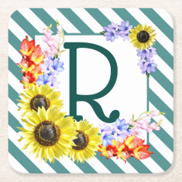 Solros Monogram Teal Rand Underlägg Papper Kvadrat