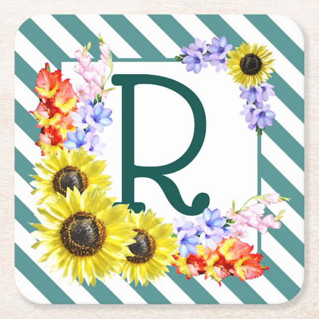 Solros Monogram Teal Rand Underlägg Papper Kvadrat (Framsidan)