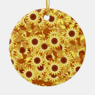 Solros mönster - guld, gult och brun julgransprydnad keramik