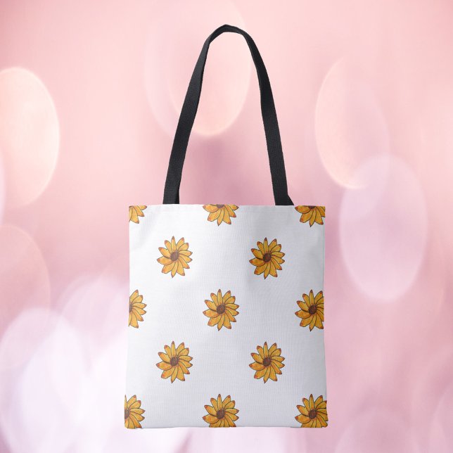 Solros Mönster Hand plockade Gult Tygkasse (A pretty tote bag with a hand drawn sunflower pattern.)