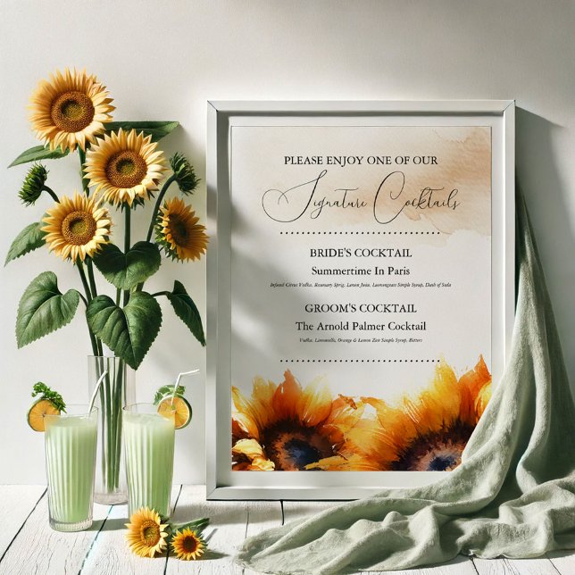 Solros Namnteckning Bröllop Cocktail-tecken Poster (sunflower wedding decor signature cocktails)